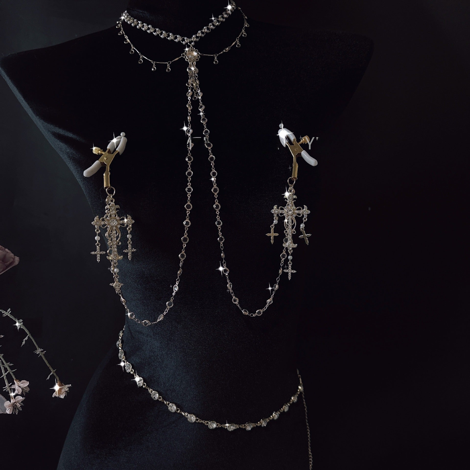 Image of sex toys diamond set cross baroque style necklace breast clamp waist chain anal plug sm stimulation training male